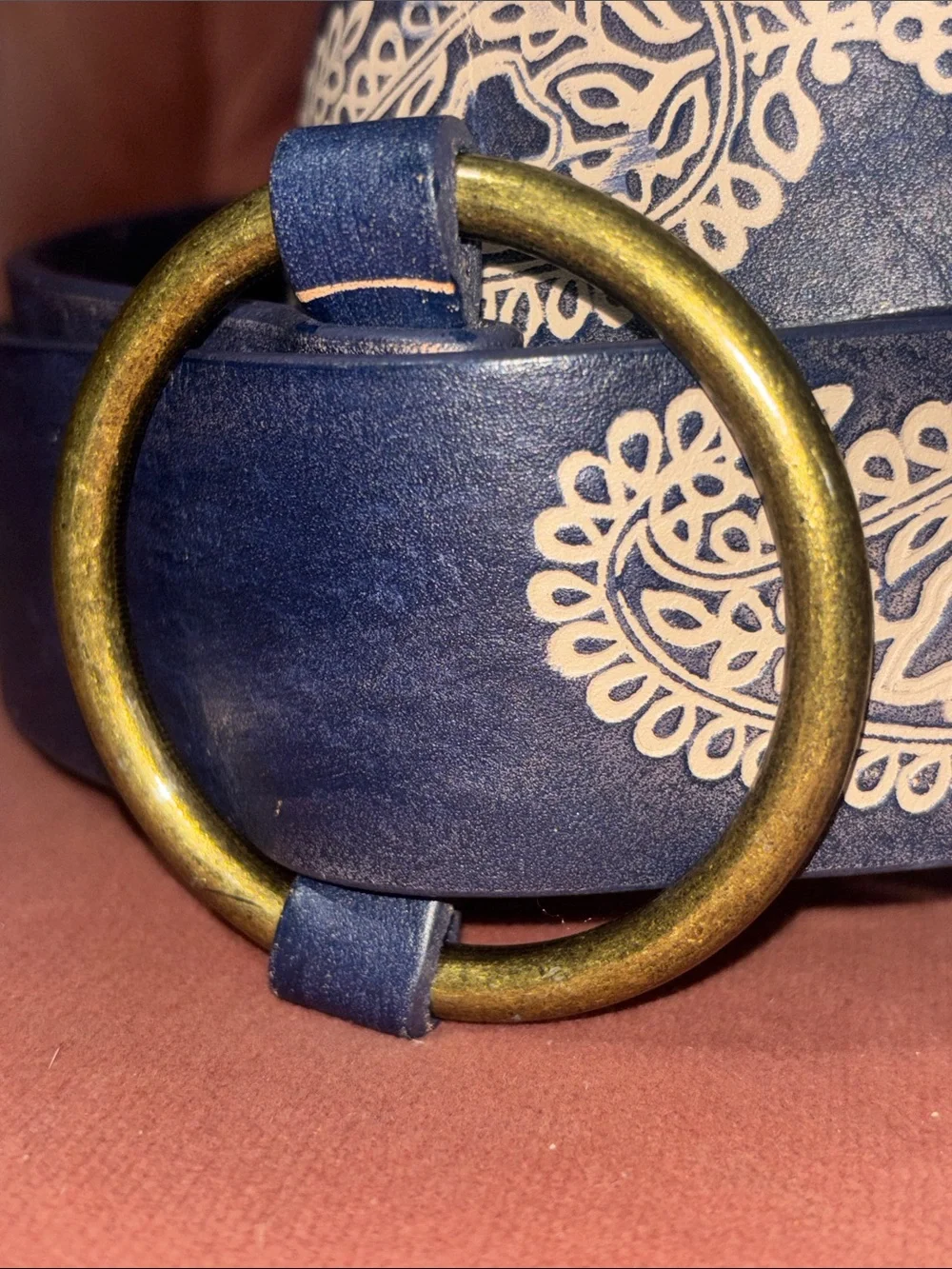 Gap belt blue leather paisley embossed y/k belt brass buckle women’s small